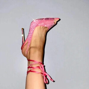 NIB CULT OF COQUETTE KIM PINK SATIN CRYSTAL OPEN TOE 4.5” HEELS SHOES SIZE 10